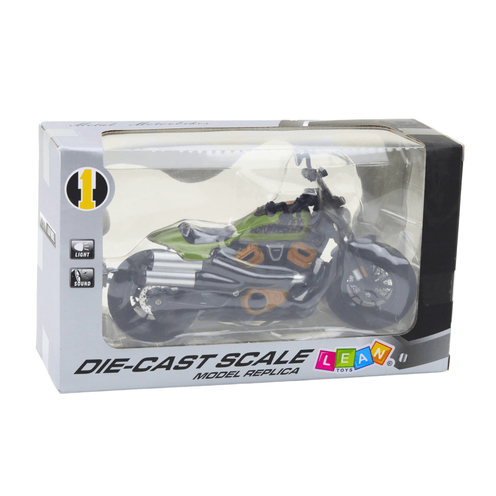 LEAN TOYS Motocikel Chopper kovinski, črn, zeleni dodatki, 1:12 4