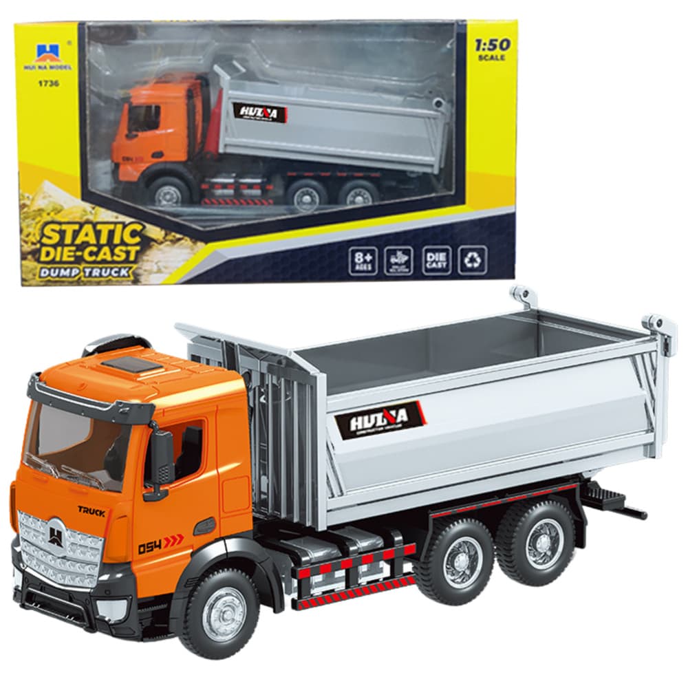 HUINA dumper tovornjak, kovinski, oranžni, 1:50