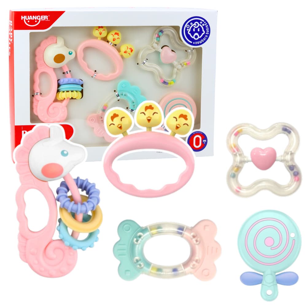 Grizalo-ropotuljica set za dojenčke Lean Toys, roza, 5 kosov