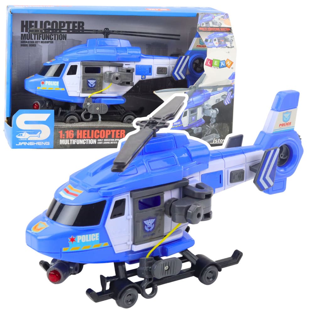 LEAN TOYS Policijski helikopter z dvigalom, lučke, zvoki, modri 1:16