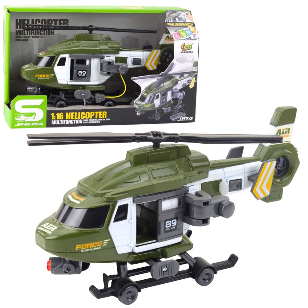 LEAN TOYS Vojaški helikopter z dvigalom, lučke, zvoki, kaki 1:16