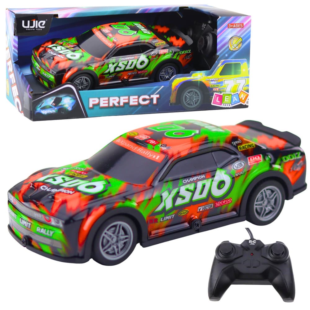 RC dirkalni avto s svetlečo oranžno-zeleno oblogo - LEAN TOYS