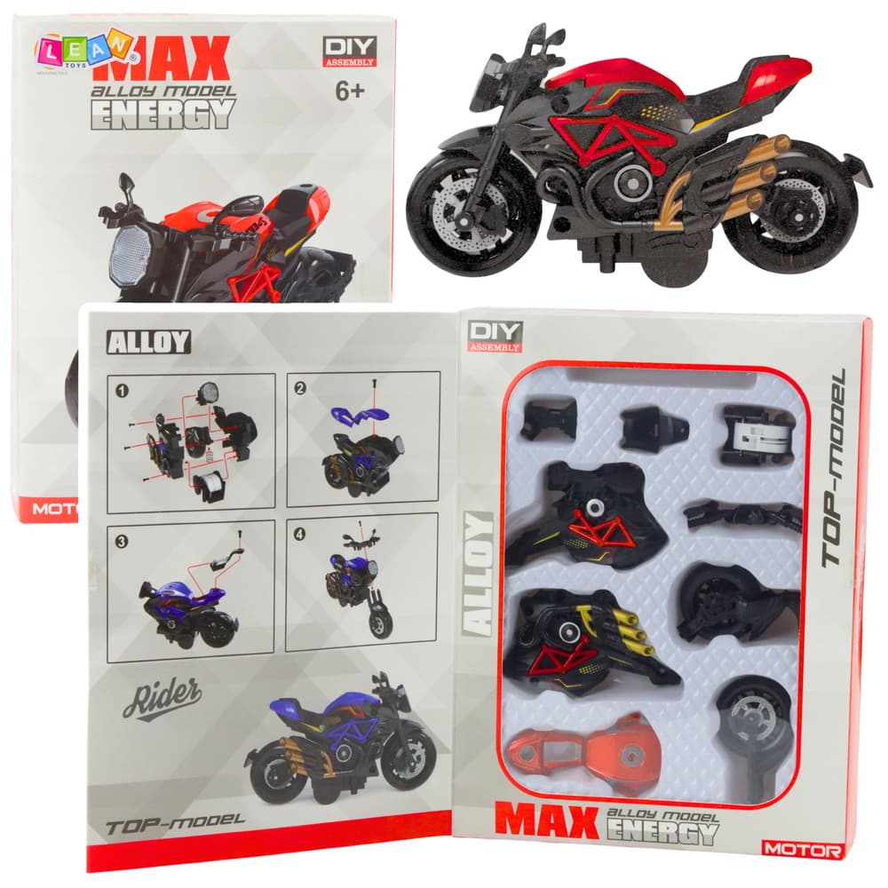 Motocikel za sestavljanje LEAN TOYS, kovinski, 1:14, DIY, črno-rdeč