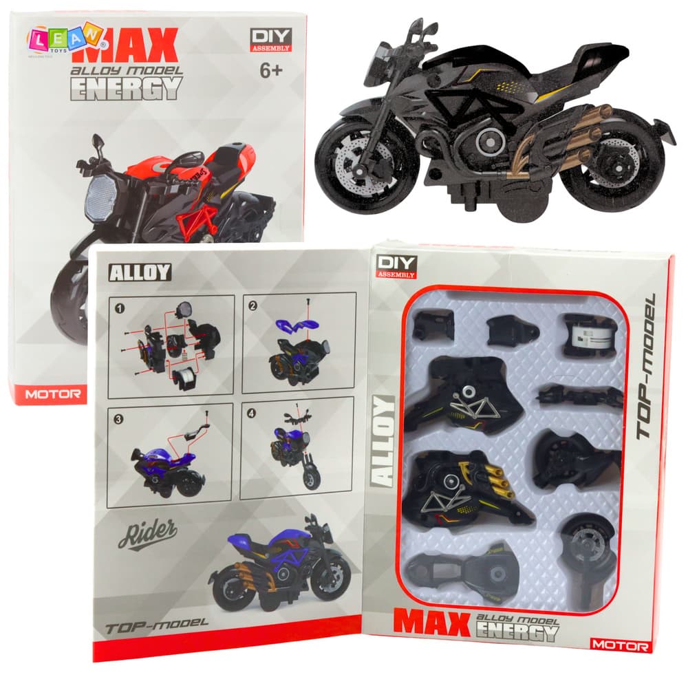 Motocikel za sestavljanje LEAN TOYS, kovinski, 1:14, DIY, črn z zlatimi elementi