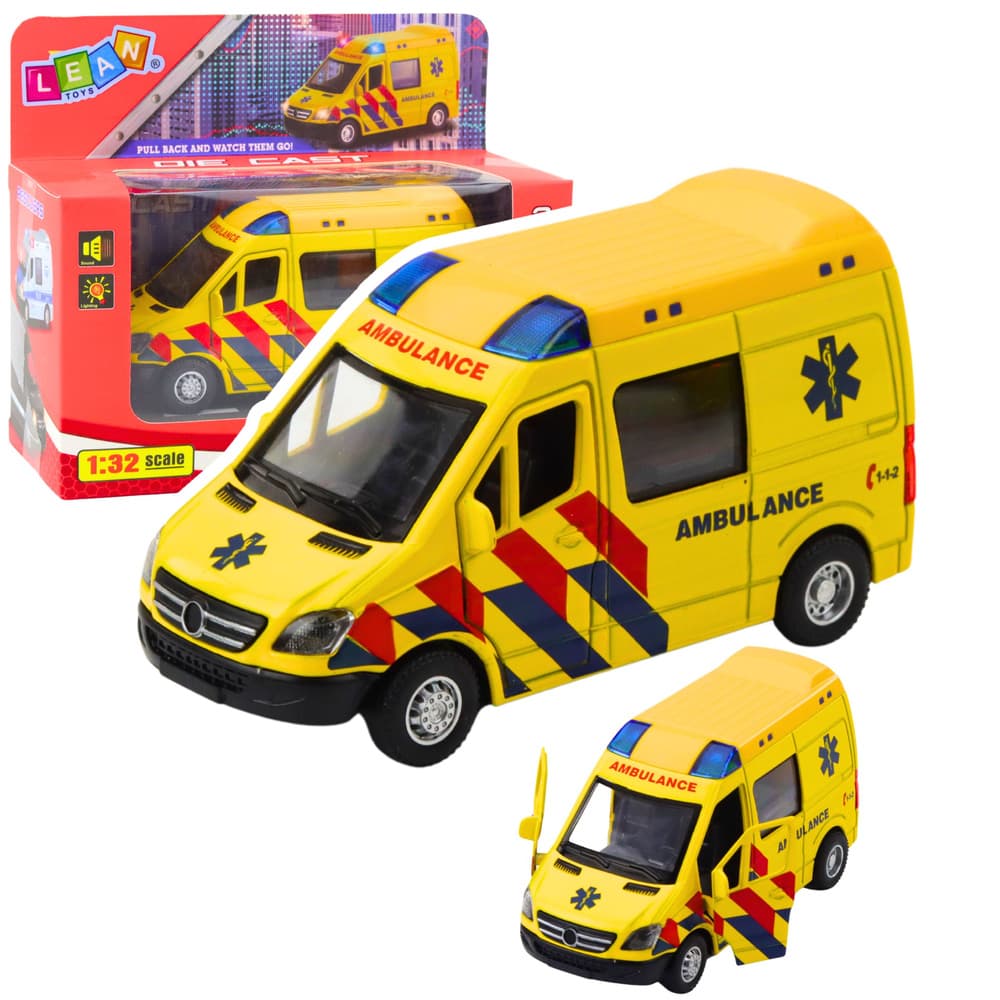 Reševalni avtomobil, kovinski, LEAN TOYS, 1:32, lučke, zvok, rumena