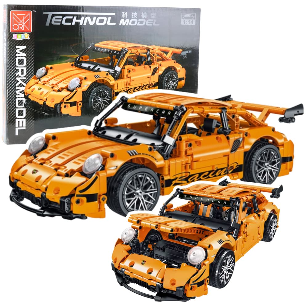 Konstrukcijski kolesi LEAN TOYS - GT Racing avto, oranžni, 1:14, 1268 el.