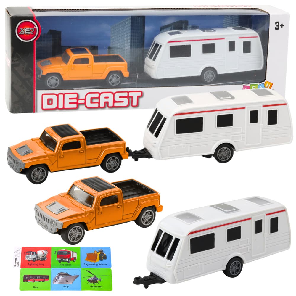 Set kovinski avto s počitniško prikolico LEAN TOYS, oranžna