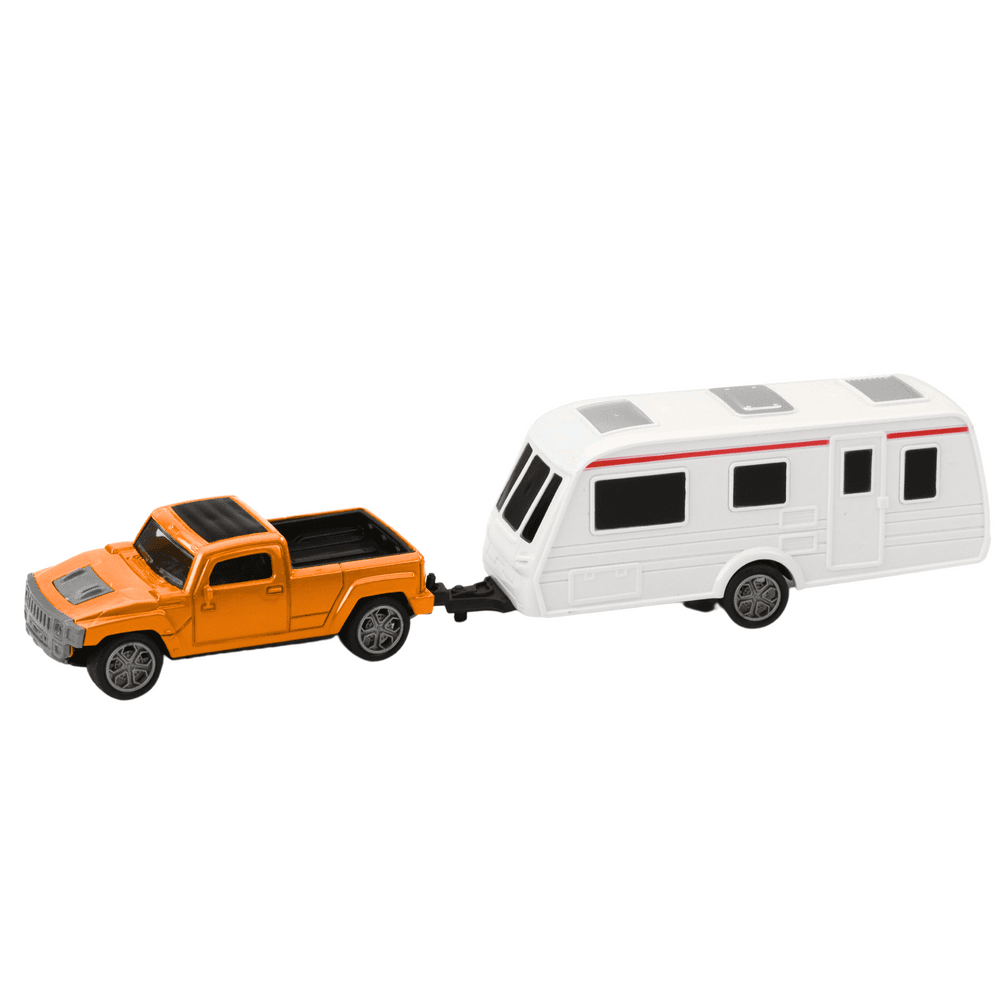 Set kovinski avto s počitniško prikolico LEAN TOYS, oranžna 2