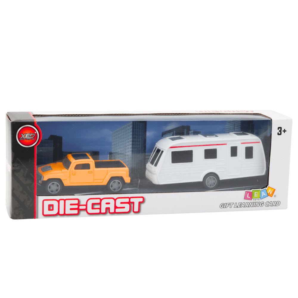 Set kovinski avto s počitniško prikolico LEAN TOYS, oranžna 6