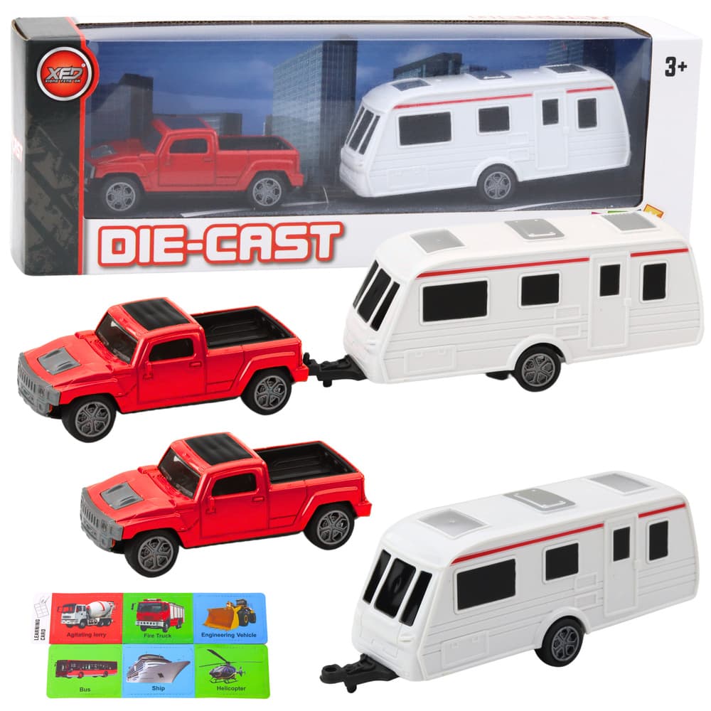Set kovinski avto s počitniško prikolico LEAN TOYS, rdeča