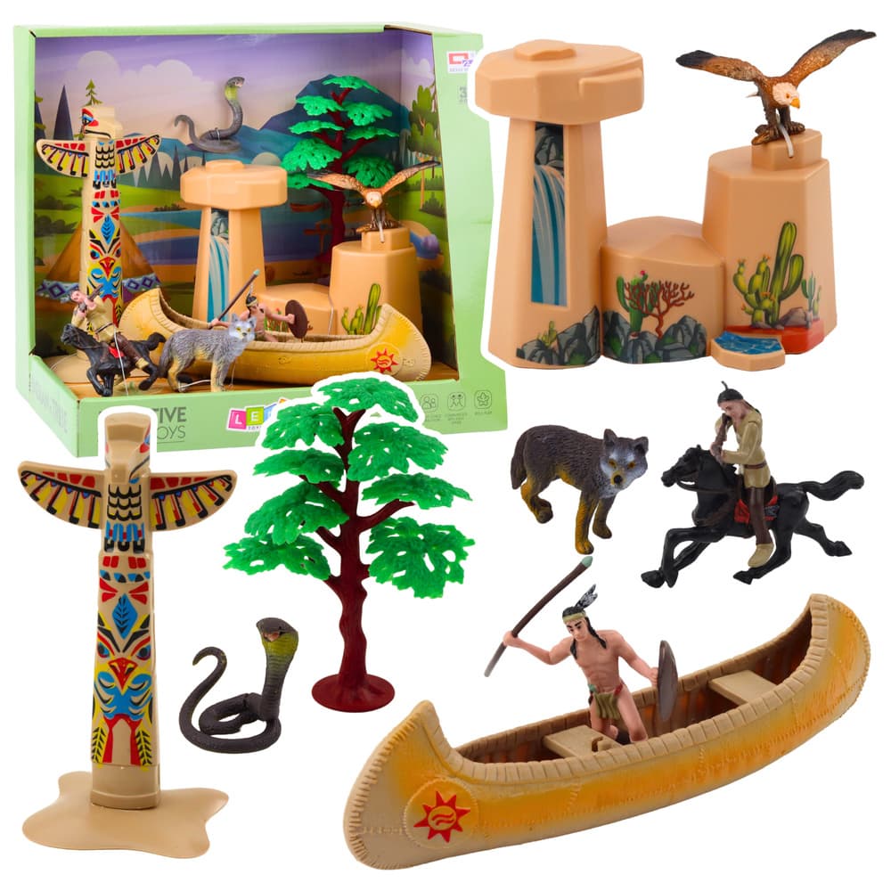 LEAN TOYS Indijanski set z figuricami, kanujem, totemom in totemskim stebrom