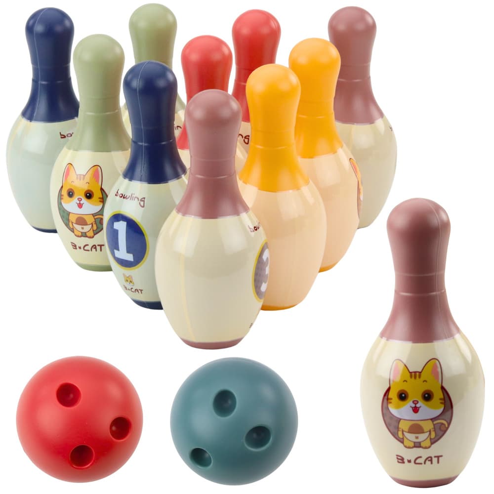 LEAN TOYS Set kegljev s muco (10 kegljev, 2 krogli)