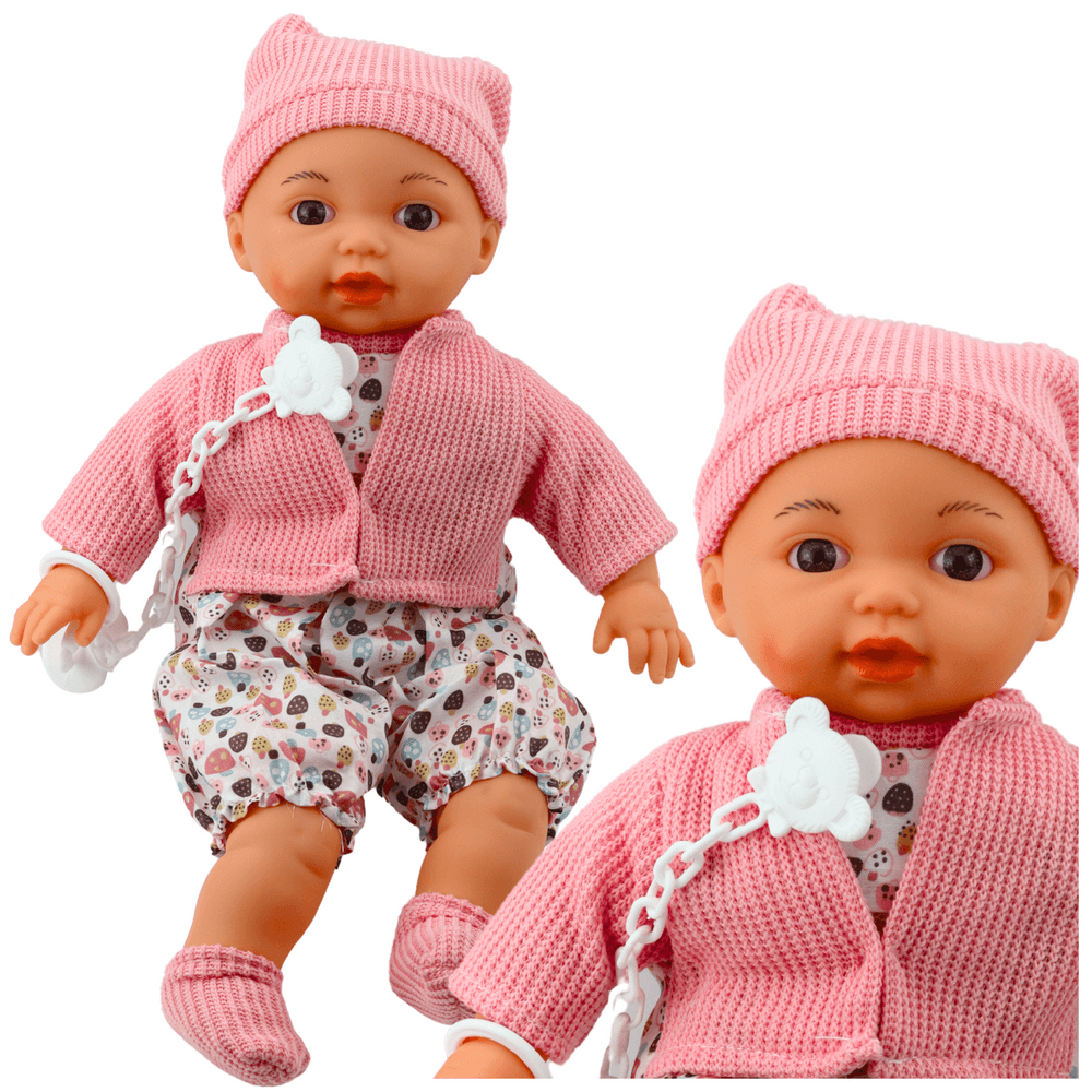 LEAN TOYS punčka – dojenček, 40 cm, s kapico in dudo na verižici