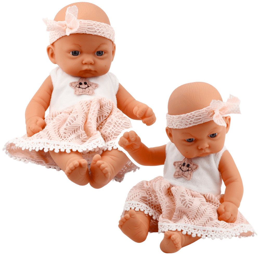 Punčka LEAN TOYS 'Bobas', v roza obleki s čipko in zvezdico, s trakom za lase