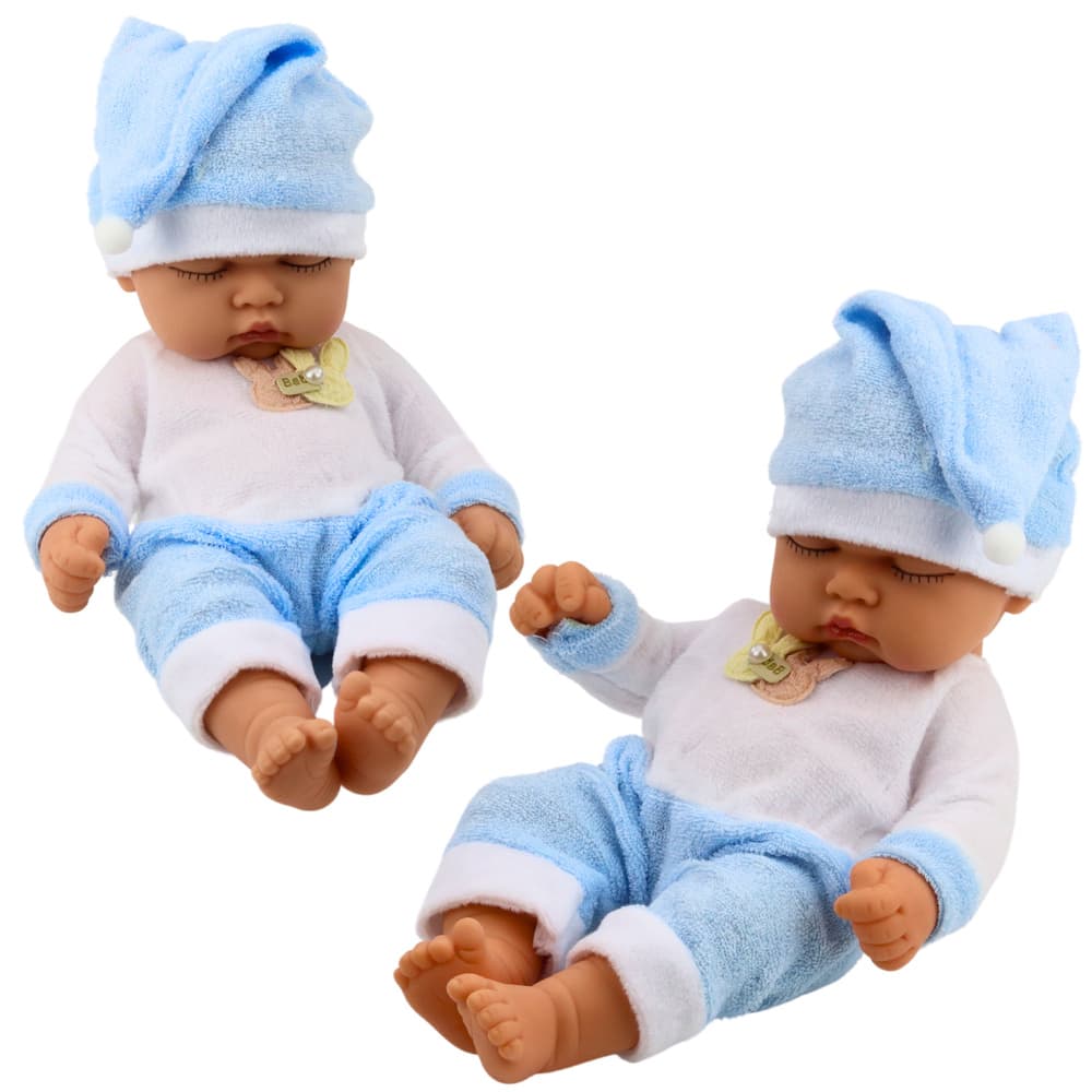 Punčka LEAN TOYS 'Bobas', v modri pižami in s kapico s cofom
