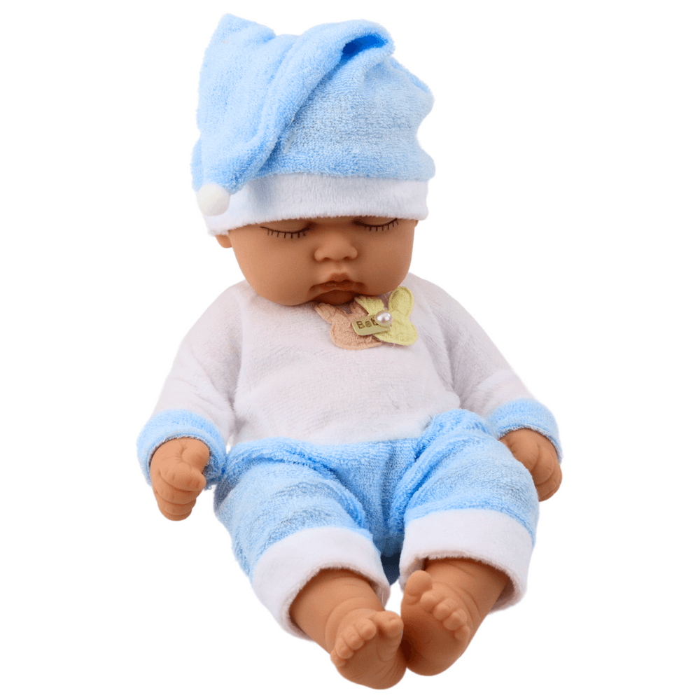 Punčka LEAN TOYS 'Bobas', v modri pižami in s kapico s cofom 2