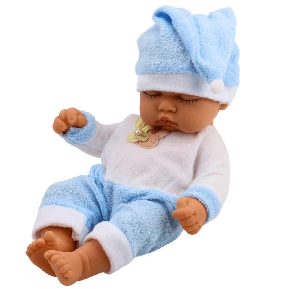 Punčka LEAN TOYS 'Bobas', v modri pižami in s kapico s cofom 3