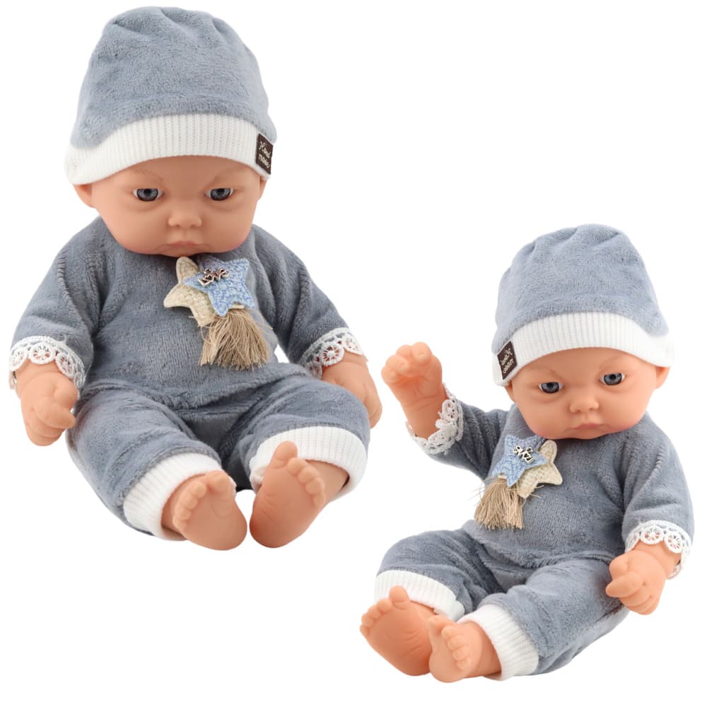 LEAN TOYS punčka dojenček v sivi pižami zvezdice in kapico