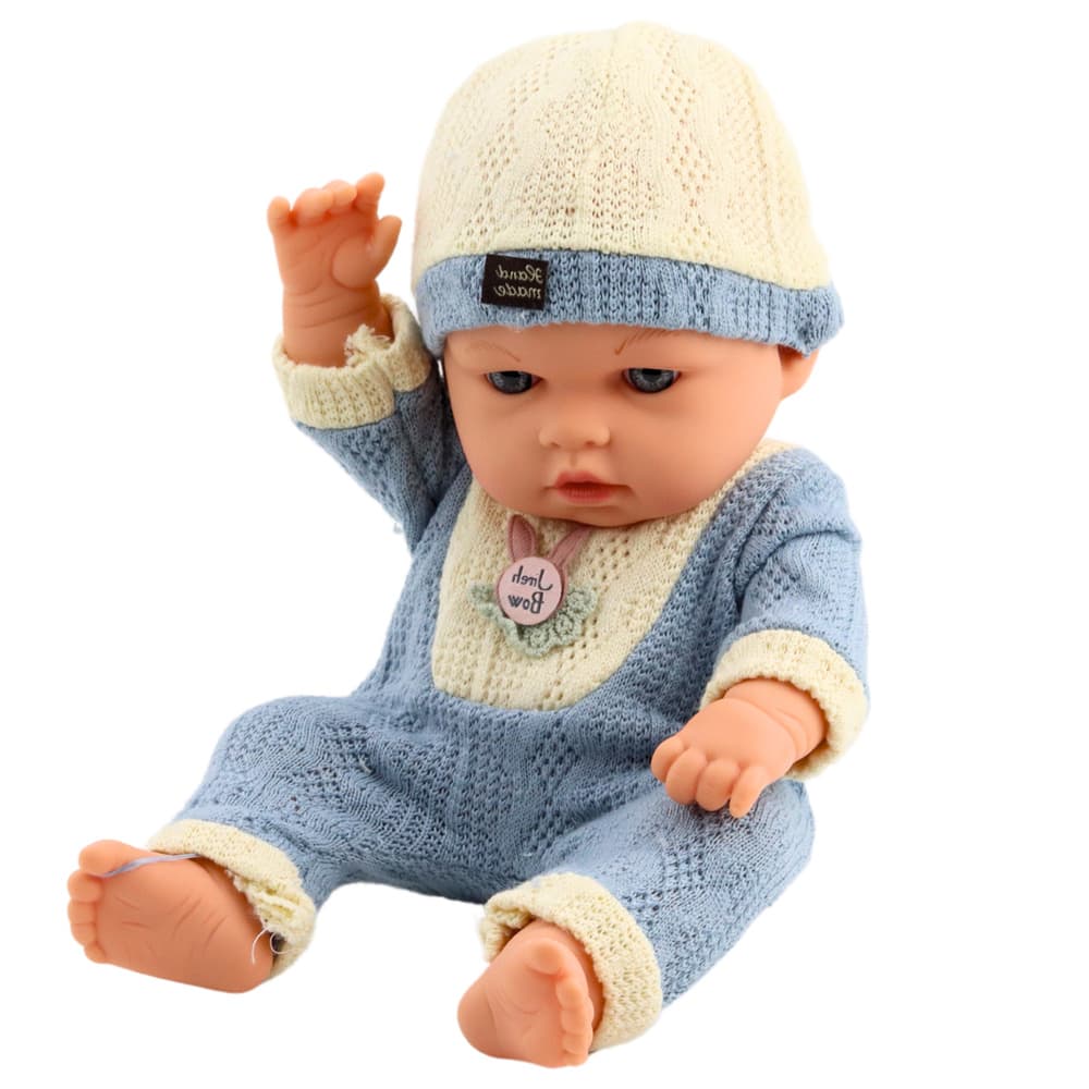 Punčka LEAN TOYS 'Bobas', v pletenem modrem kompletu in s kapico 3