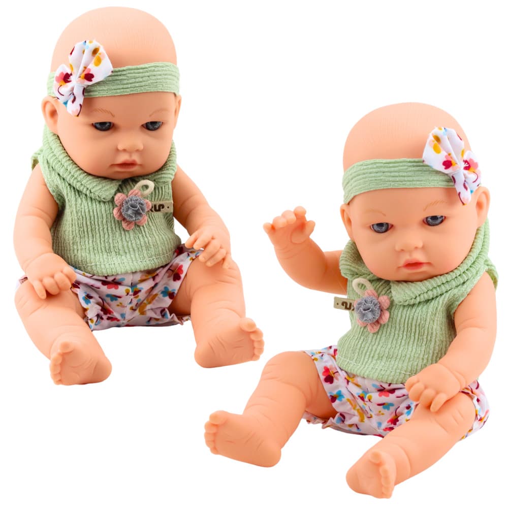 Punčka LEAN TOYS 'Bobas', v zelenem cvetličnem kompletu in s trakom za lase