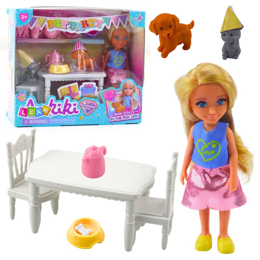 LEAN TOYS Set za rojstni dan z lutko, živalmi in dodatki