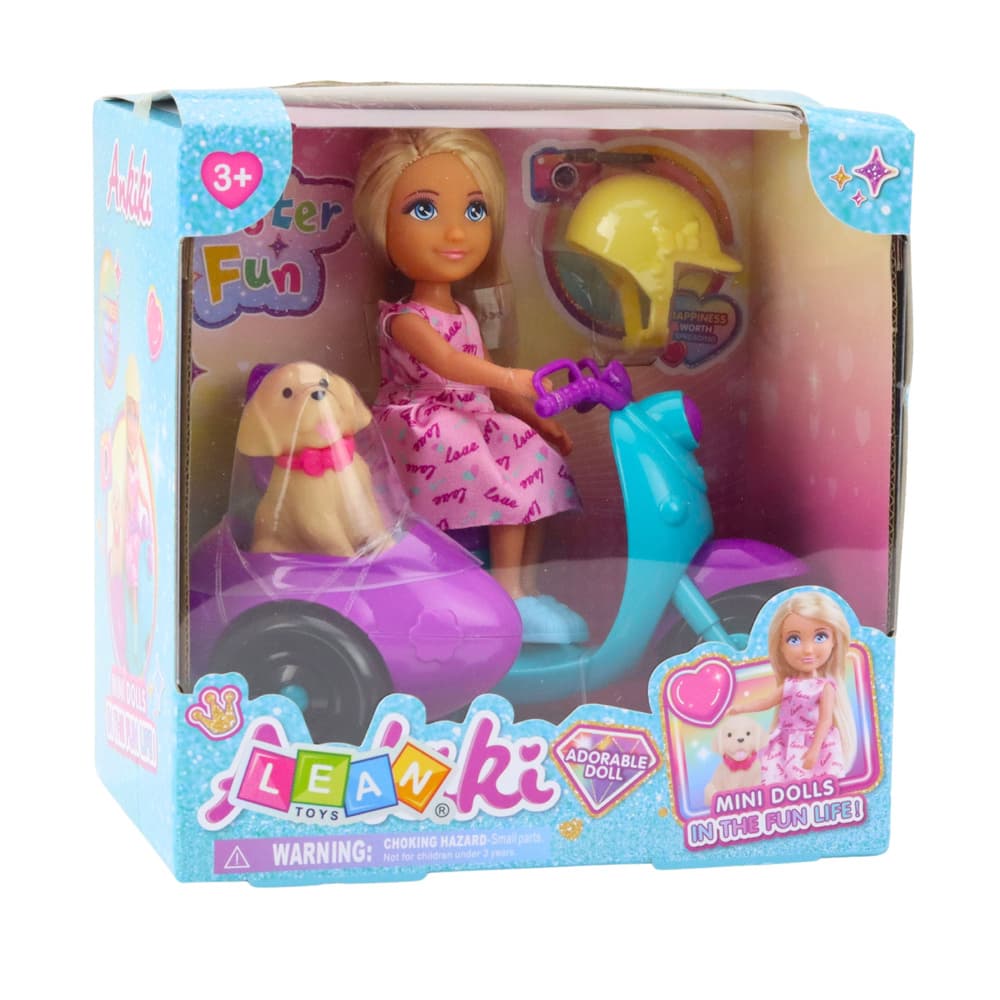 Mini lutka LEAN TOYS Ankiki na skiroju s psičkom 5