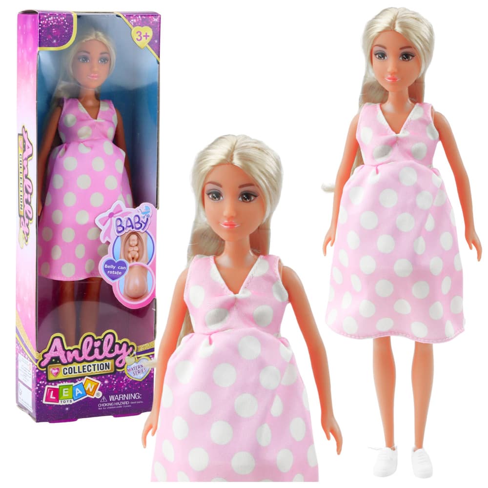 LEAN TOYS Lutka Anlily - Noseča, svetlo roza obleka s pikami