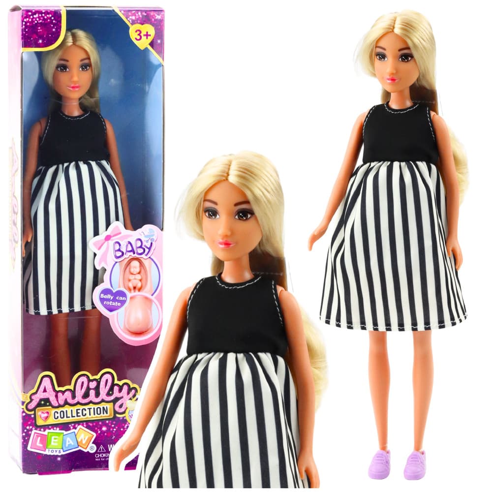 Lutka LEAN TOYS Anlily noseča, obleka s črno-belimi črtami, dojenček
