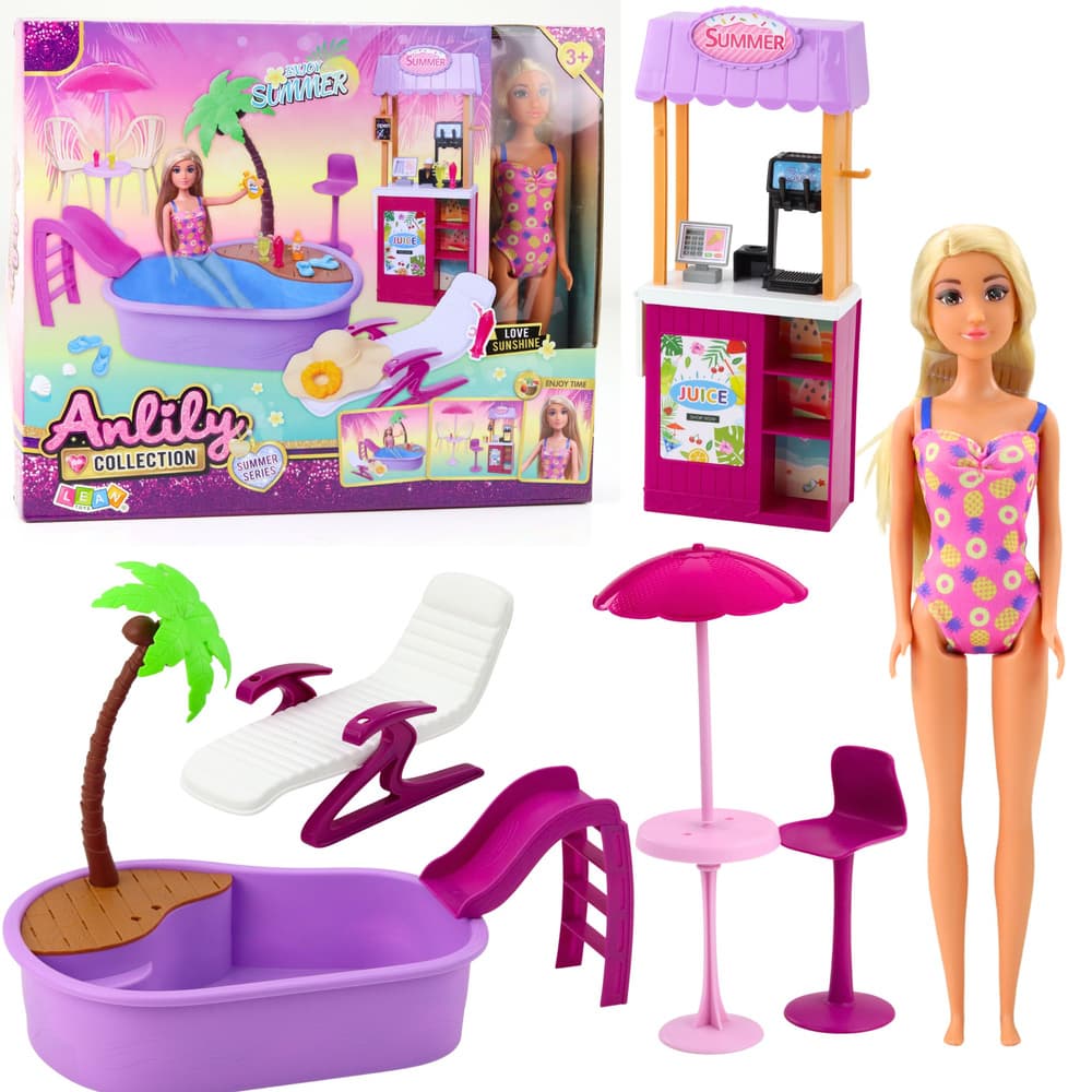 Komplet lutka Anlily na plaži, bazen, palma, stojalo za pijače