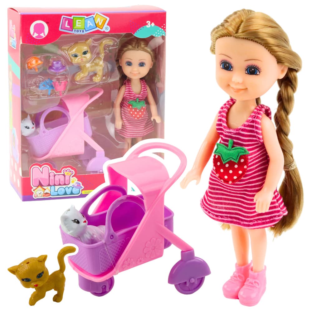 Mini lutka LEAN TOYS z dodatki, voziček, mucki, roza set