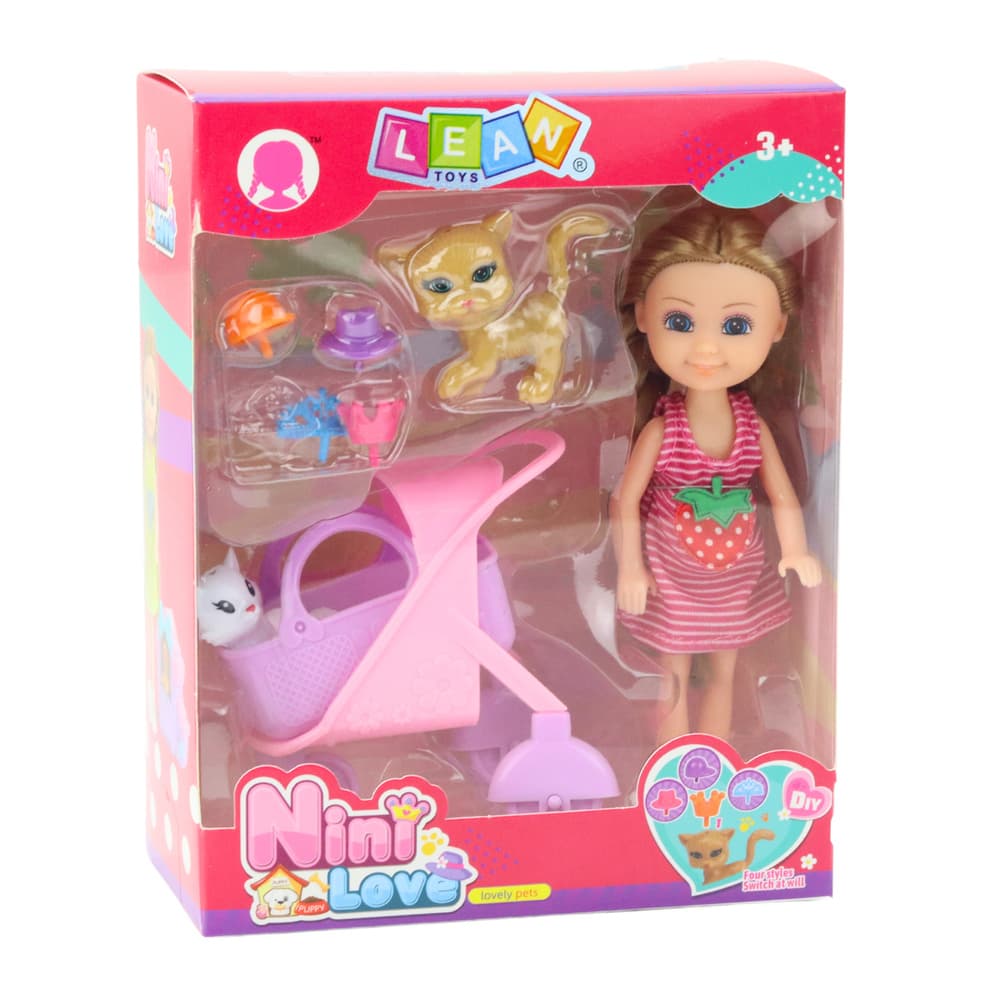 Mini lutka LEAN TOYS z dodatki, voziček, mucki, roza set 2