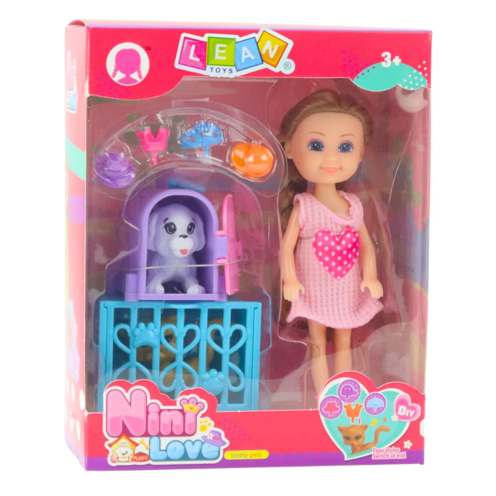 Mini lutka LEAN TOYS z dodatki, voziček, mucki, roza set 5