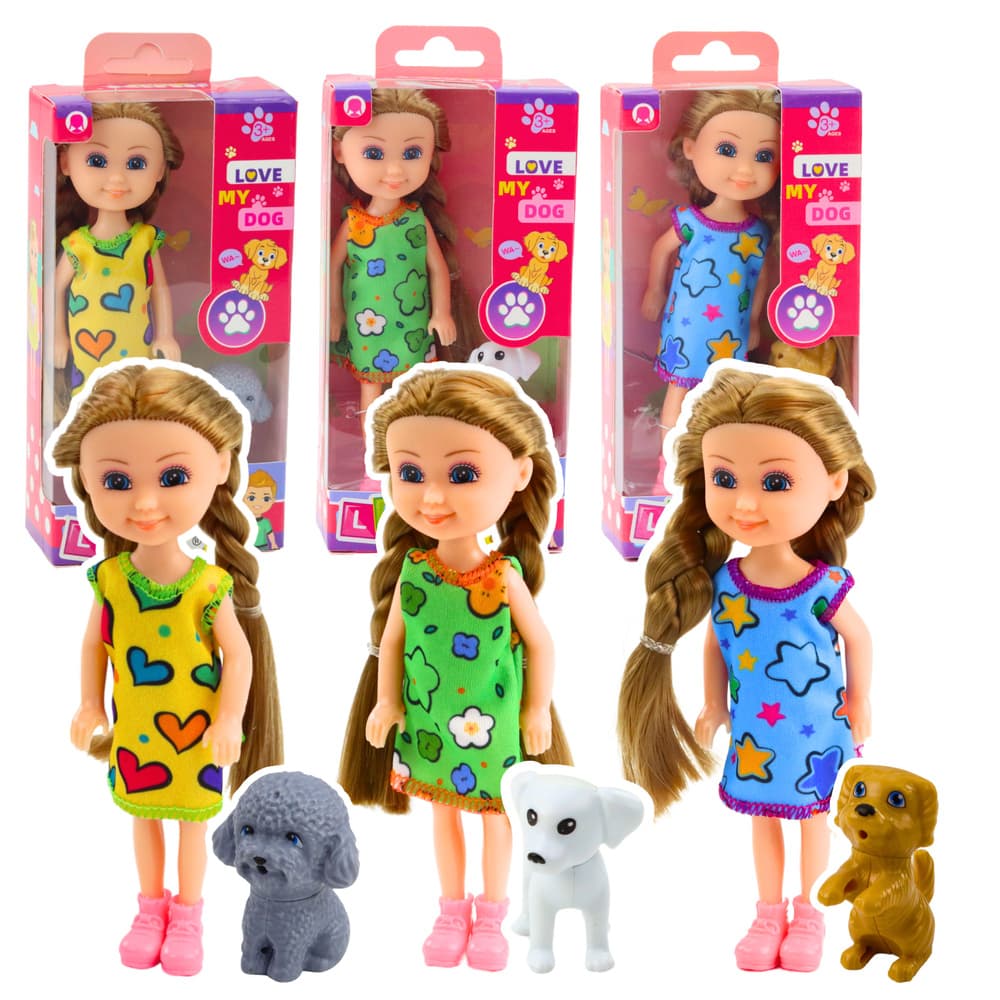 Set LEAN TOYS: Mini punčka s psičkom, oblekica, 14,5cm