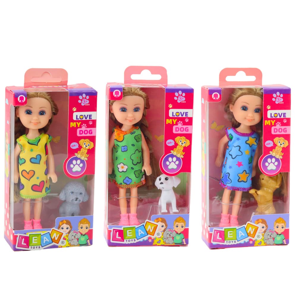 Set LEAN TOYS: Mini punčka s psičkom, oblekica, 14,5cm 5
