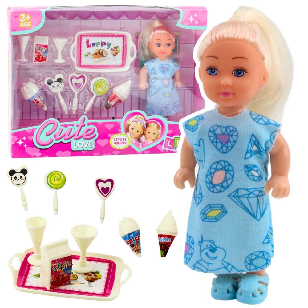 Set LEAN TOYS: Mini punčka, dodatki, modra obleka, 12cm