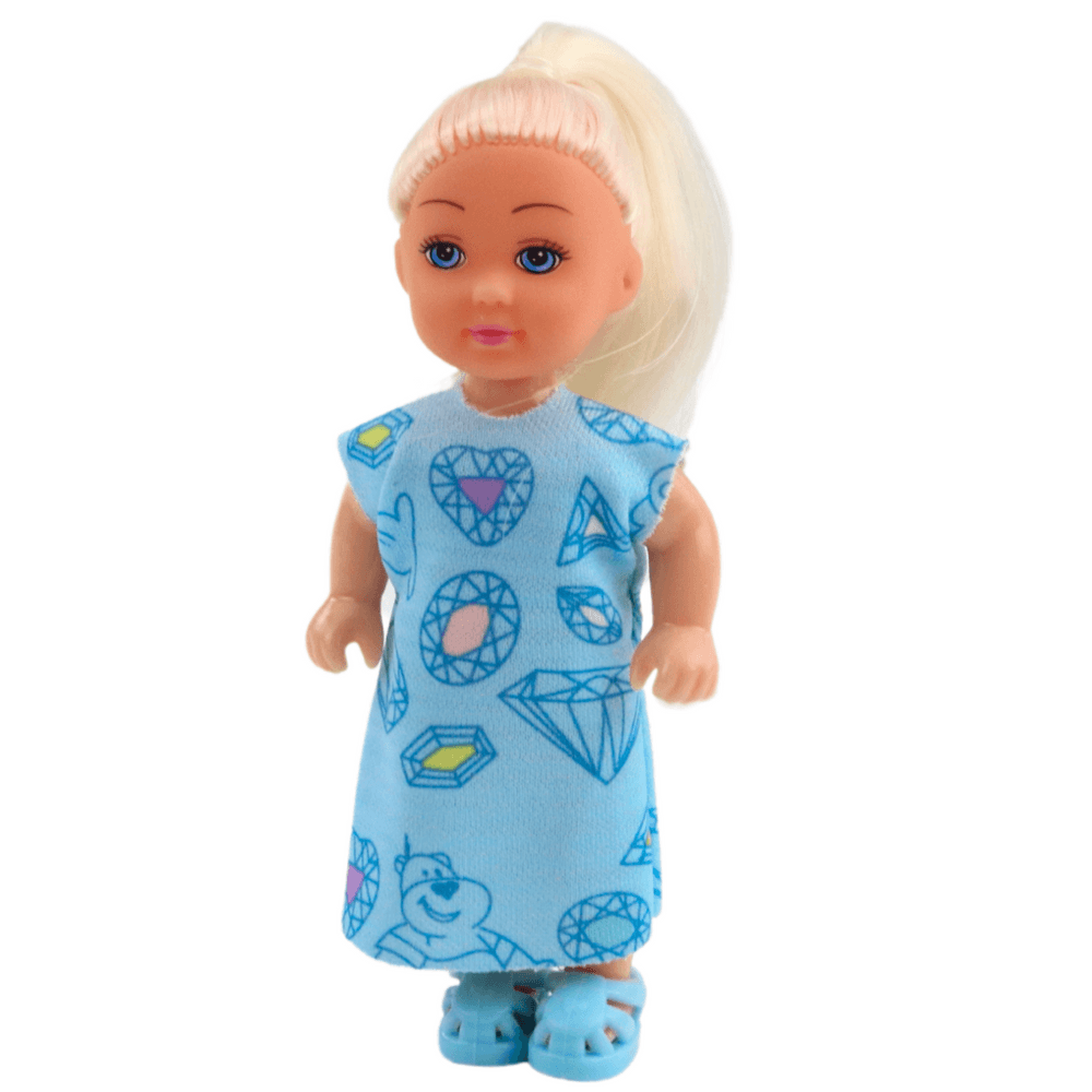 Set LEAN TOYS: Mini punčka, dodatki, modra obleka, 12cm 2