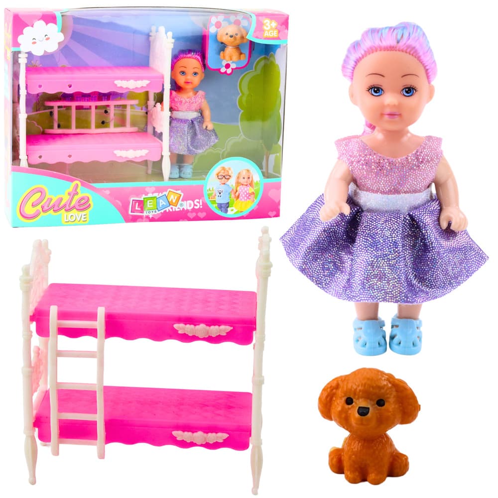 Set mini lutke LEAN TOYS s psičkom in posteljo na katu