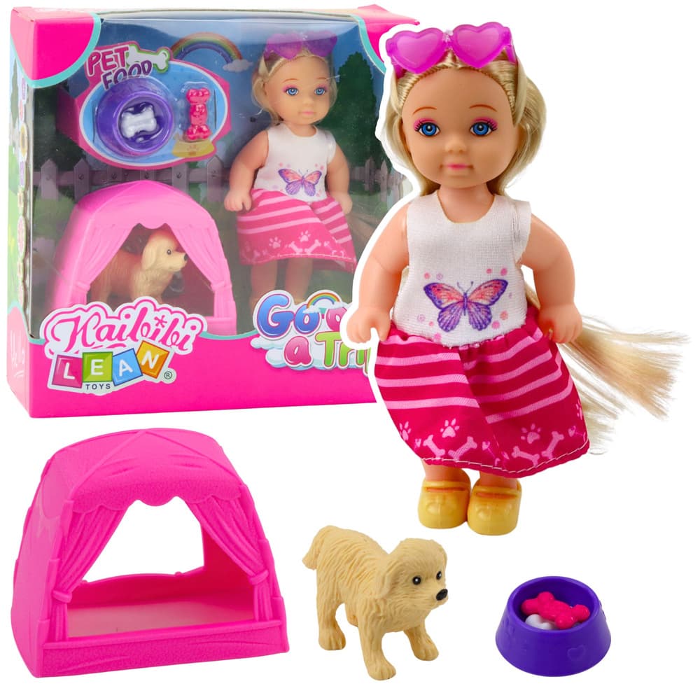 Mini lutka LEAN TOYS s psičkom, šotorom in dodatki, 12 cm