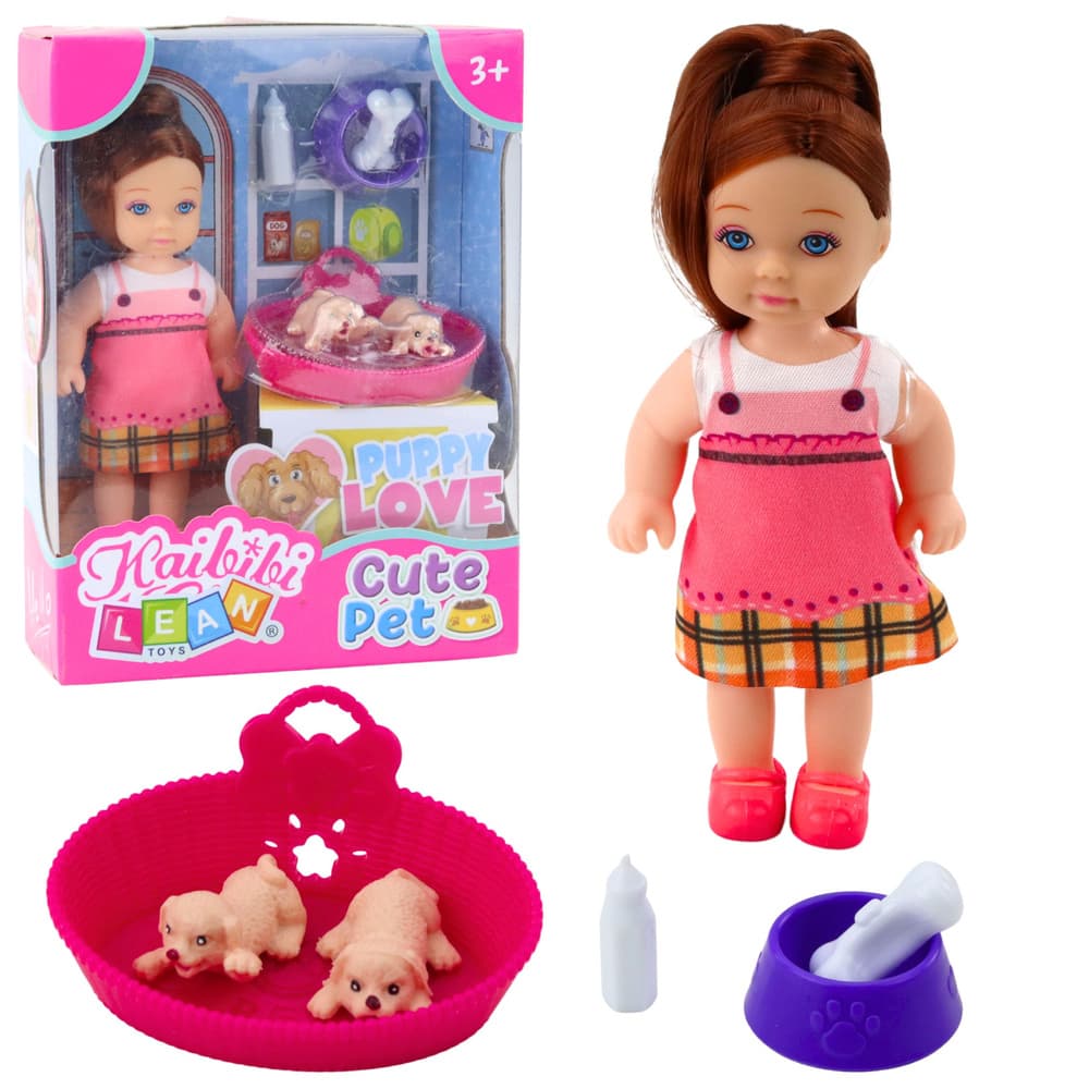 Mini lutka LEAN TOYS z dvema mladičema, posteljo in dodatki za hranjenje