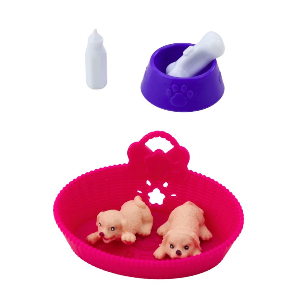 Mini lutka LEAN TOYS z dvema mladičema, posteljo in dodatki za hranjenje 3