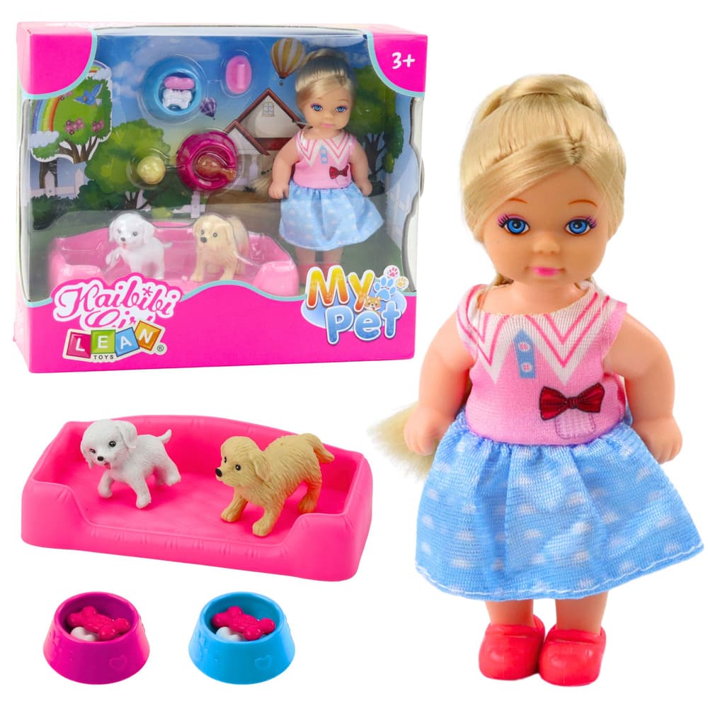Mini lutka LEAN TOYS z dvema psičkoma, posteljo in skledami s hrano