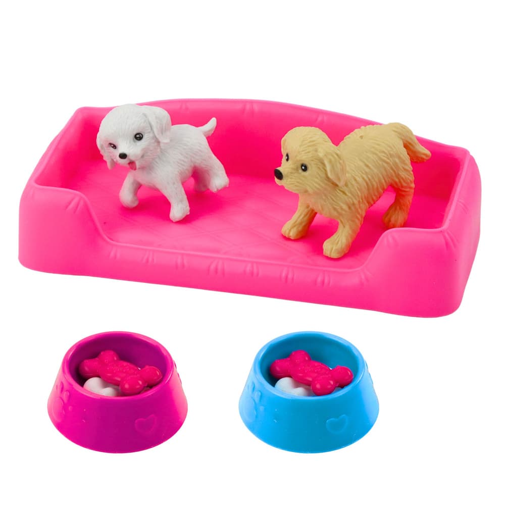 Mini lutka LEAN TOYS z dvema psičkoma, posteljo in skledami s hrano 3