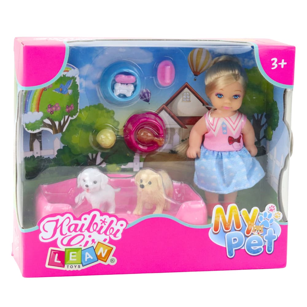 Mini lutka LEAN TOYS z dvema psičkoma, posteljo in skledami s hrano 4