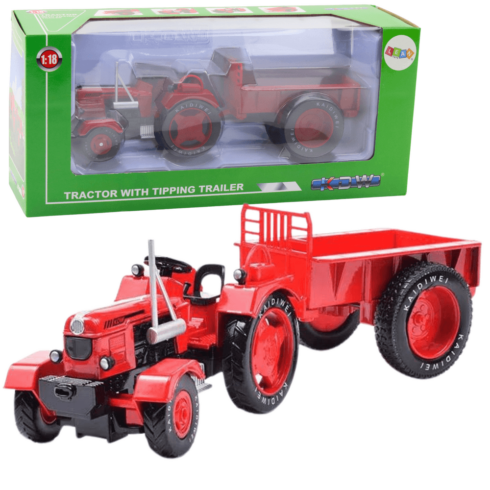LEAN TOYS Kovinski traktor s prikolico 1:18 (Rdeč)
