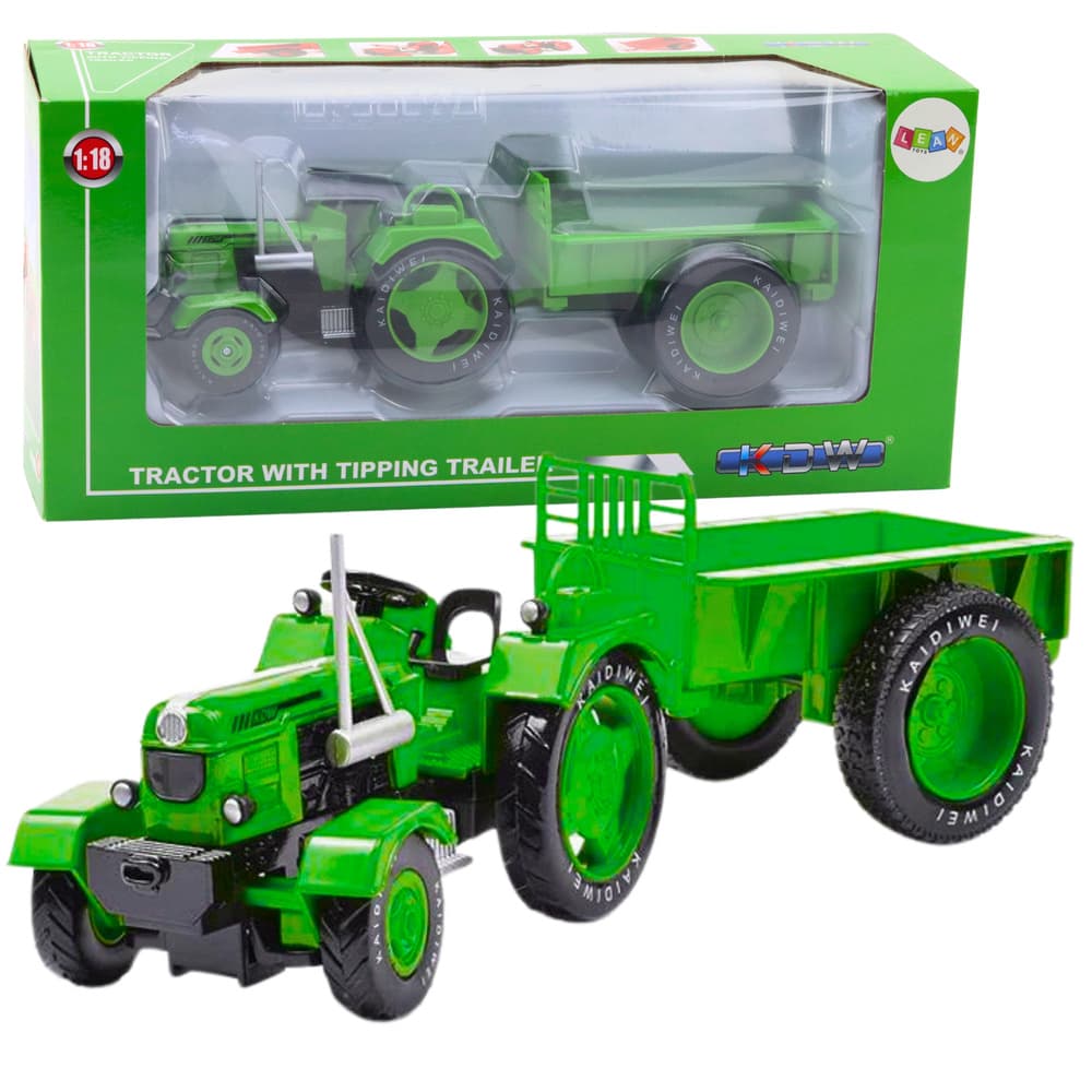 LEAN TOYS Kovinski traktor s prikolico 1:18 (Zelen)