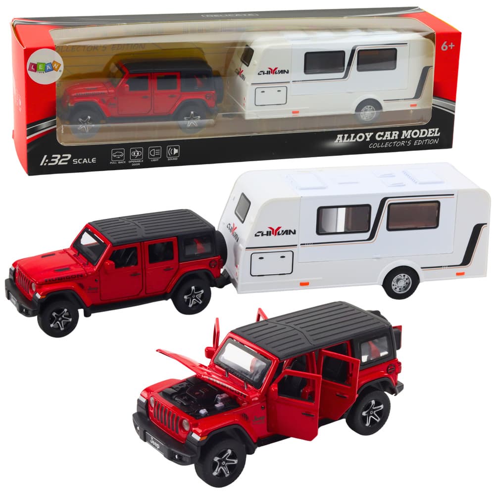 LEAN TOYS Terensko vozilo s kamperjem, kovinski, pogon, luči, zvoki, rdeč 1:32
