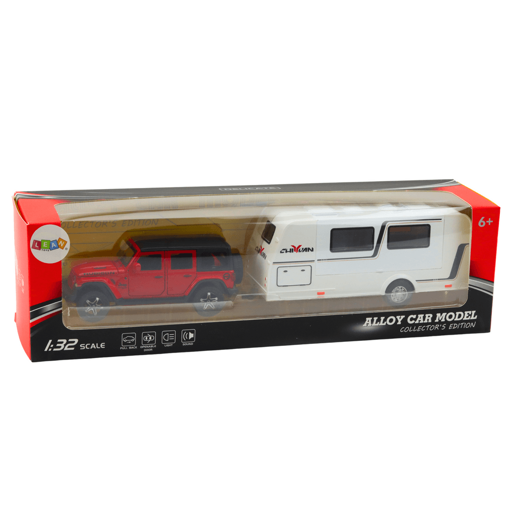 LEAN TOYS Terensko vozilo s kamperjem, kovinski, pogon, luči, zvoki, rdeč 1:32 5