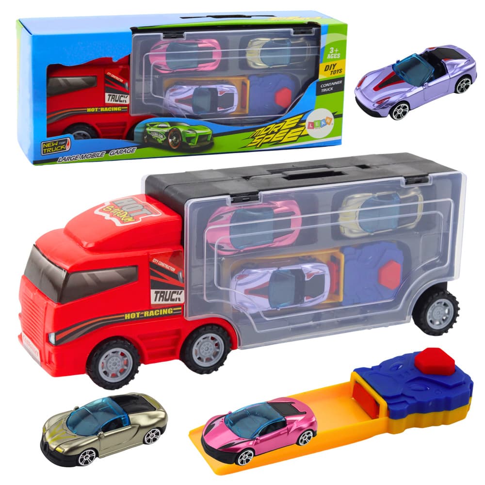 LEAN TOYS Tovornjak z garažo in avtomobilčki, izstrelitev 3 kos, rdeč