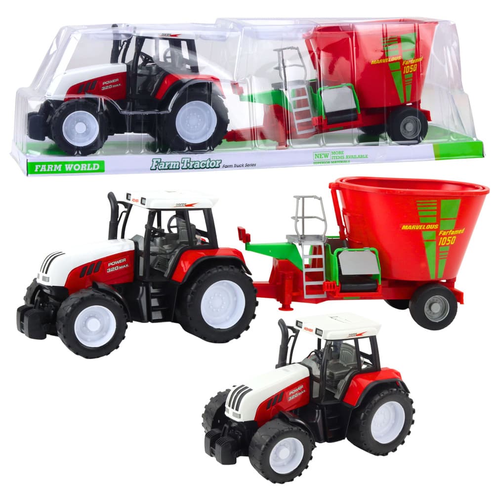 LEAN TOYS rdeči traktor s prikolico in mešalnikom krme, 60 cm