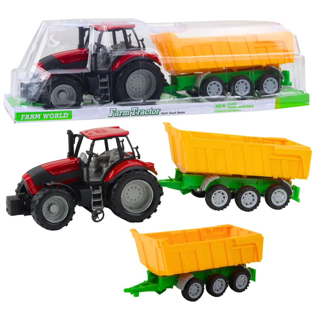 LEAN TOYS rdeči traktor z rumeno prikolico, 46 cm
